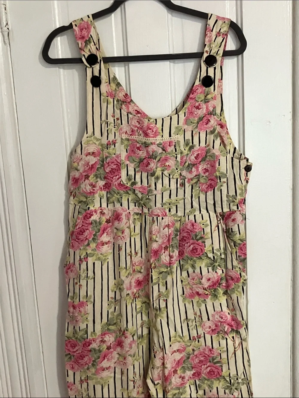 April Cornell Cream Striped overalls Pink Floral Print